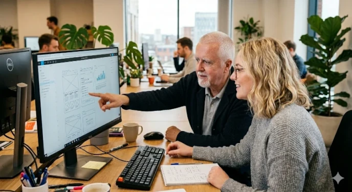 Image of co-operation with, and advice being given to, a person working on an IT problem